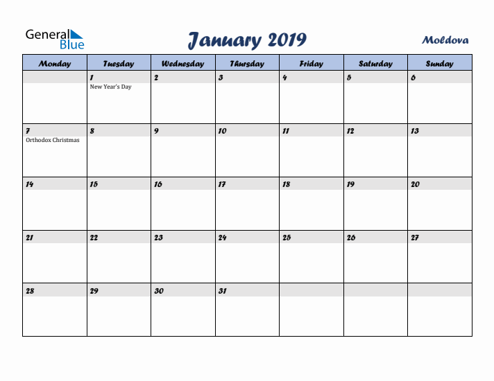 January 2019 Calendar with Holidays in Moldova