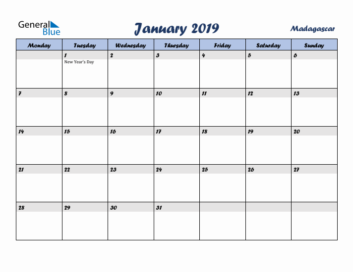January 2019 Calendar with Holidays in Madagascar