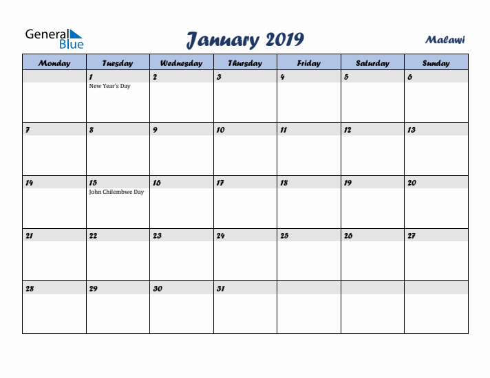 January 2019 Calendar with Holidays in Malawi