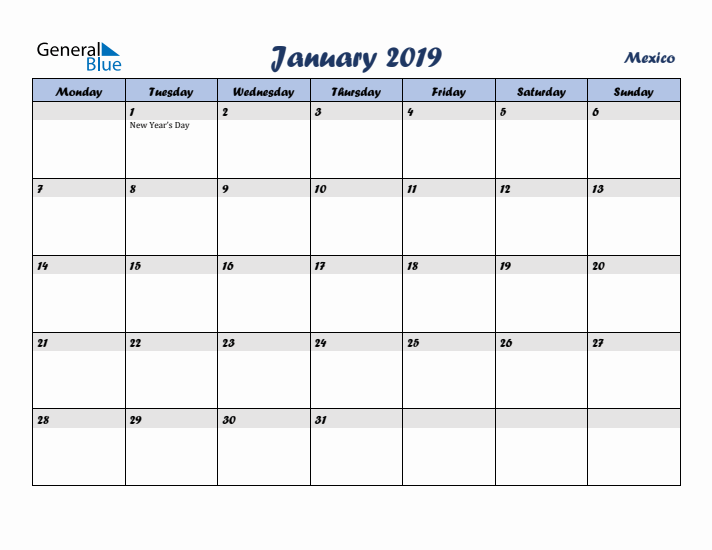 January 2019 Calendar with Holidays in Mexico