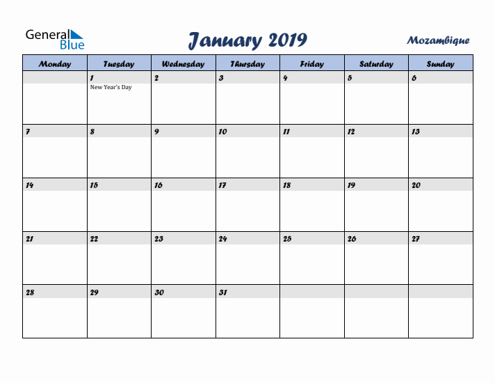 January 2019 Calendar with Holidays in Mozambique