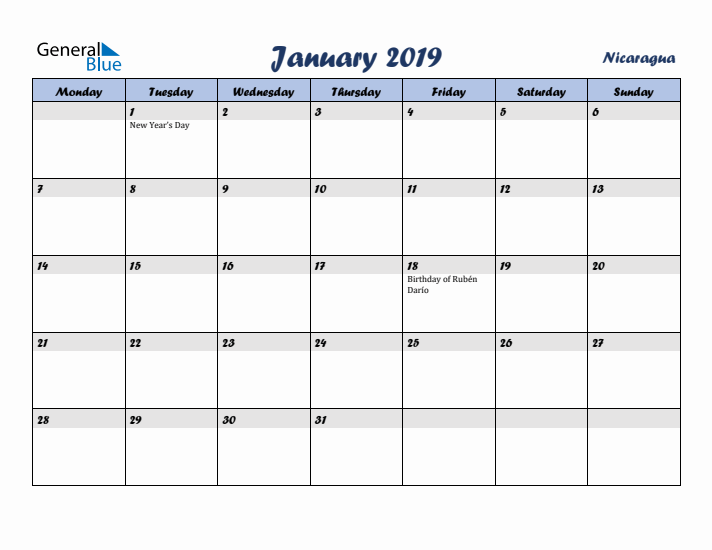 January 2019 Calendar with Holidays in Nicaragua