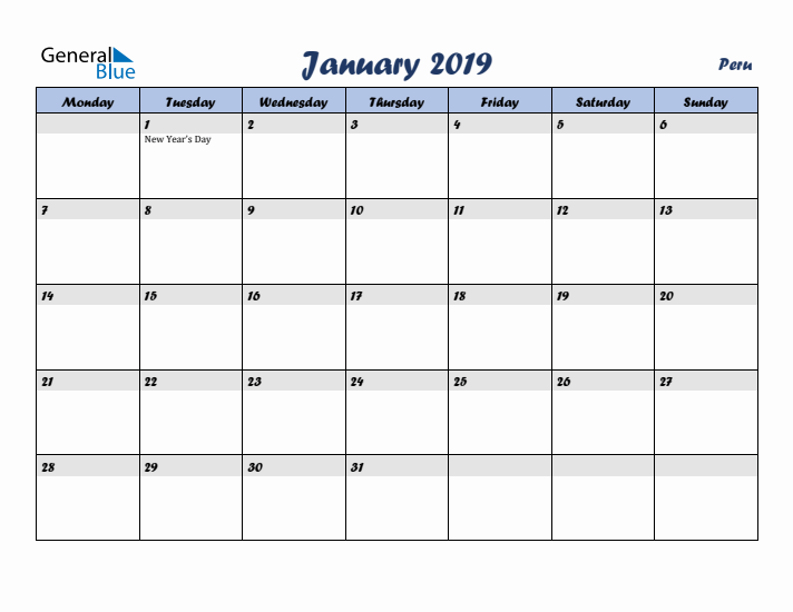 January 2019 Calendar with Holidays in Peru