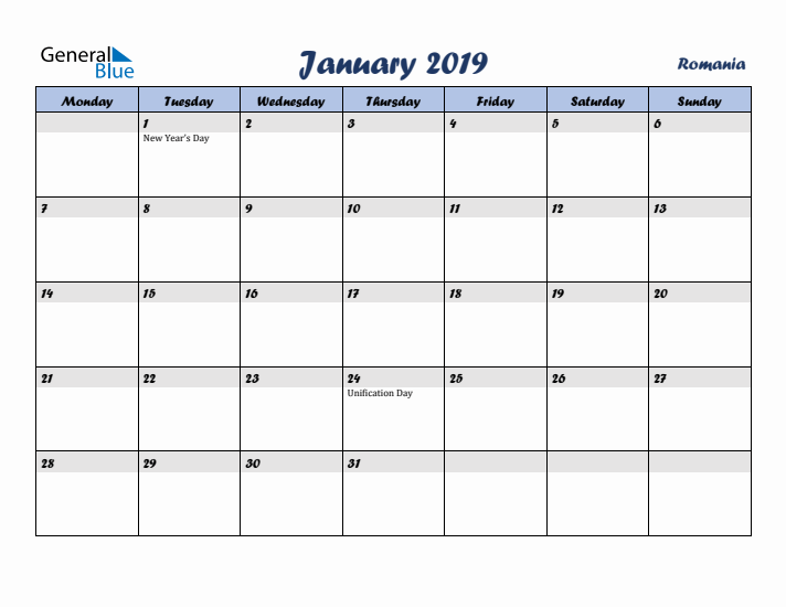 January 2019 Calendar with Holidays in Romania