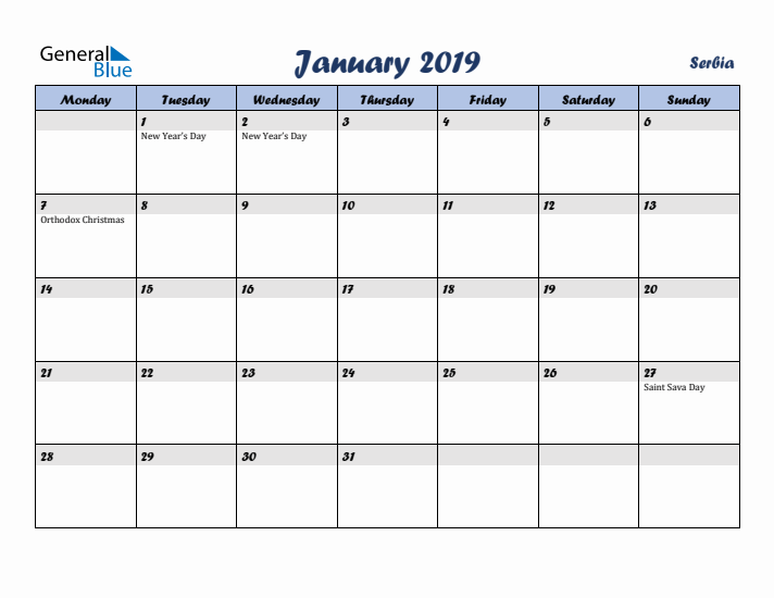 January 2019 Calendar with Holidays in Serbia