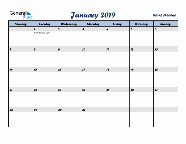 January 2019 Calendar with Holidays in Saint Helena