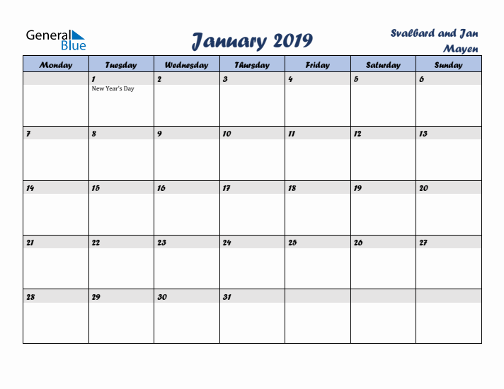 January 2019 Calendar with Holidays in Svalbard and Jan Mayen