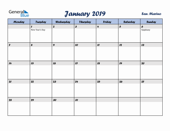 January 2019 Calendar with Holidays in San Marino
