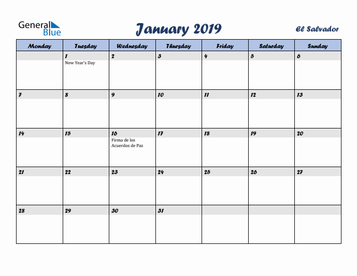 January 2019 Calendar with Holidays in El Salvador