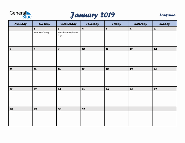 January 2019 Calendar with Holidays in Tanzania