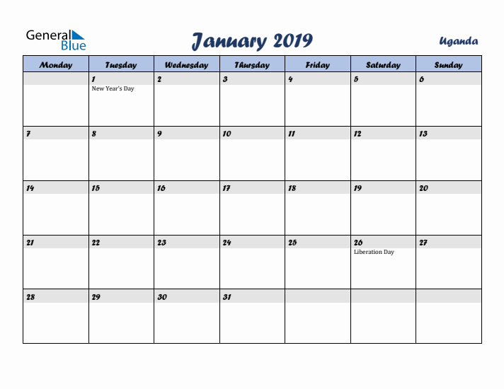 January 2019 Calendar with Holidays in Uganda