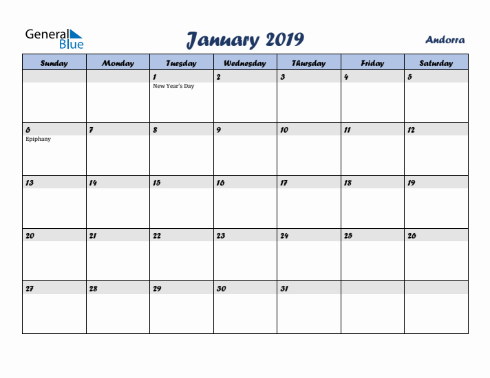 January 2019 Calendar with Holidays in Andorra