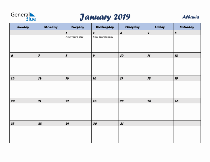 January 2019 Calendar with Holidays in Albania