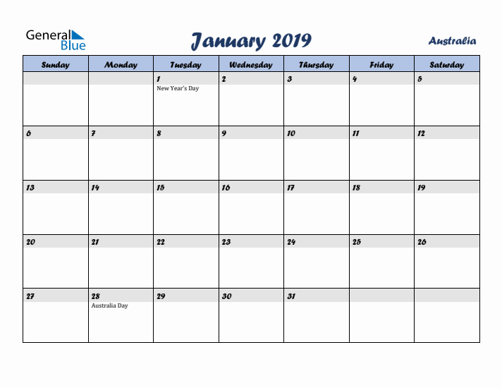 January 2019 Calendar with Holidays in Australia