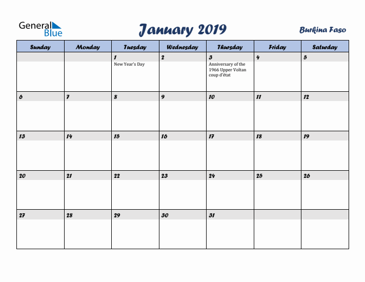 January 2019 Calendar with Holidays in Burkina Faso