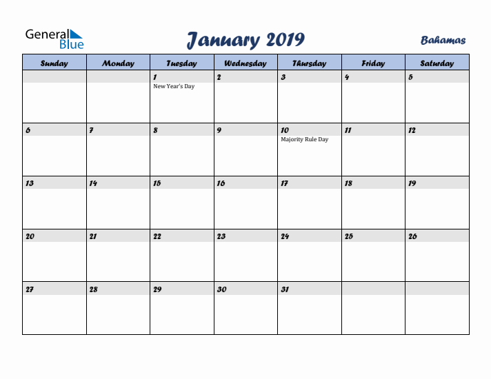 January 2019 Calendar with Holidays in Bahamas