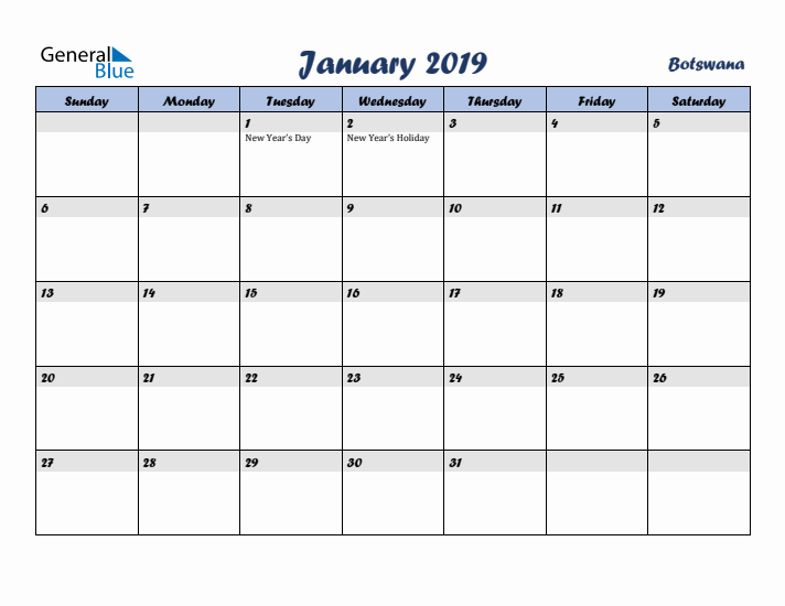 January 2019 Calendar with Holidays in Botswana