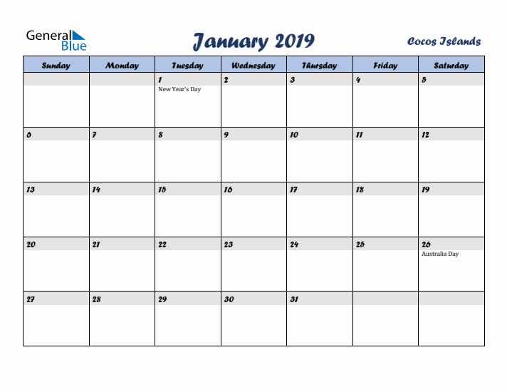 January 2019 Calendar with Holidays in Cocos Islands