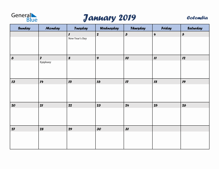 January 2019 Calendar with Holidays in Colombia