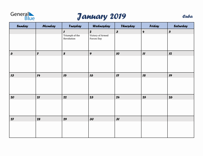 January 2019 Calendar with Holidays in Cuba