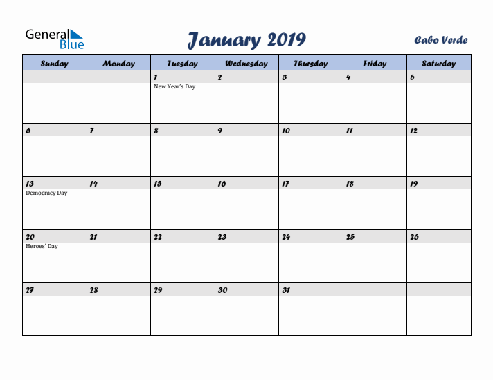 January 2019 Calendar with Holidays in Cabo Verde