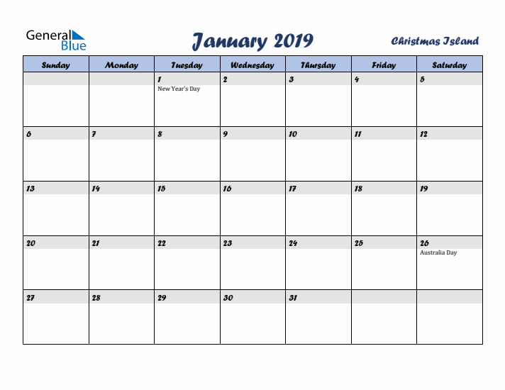 January 2019 Calendar with Holidays in Christmas Island