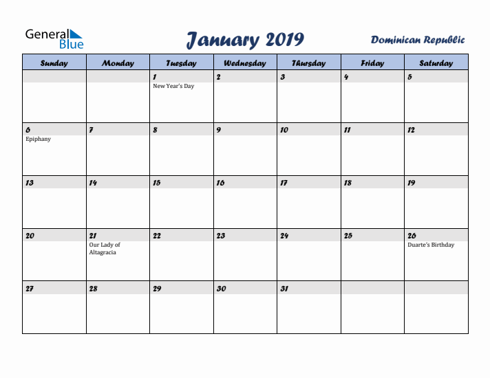 January 2019 Calendar with Holidays in Dominican Republic
