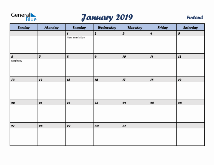 January 2019 Calendar with Holidays in Finland