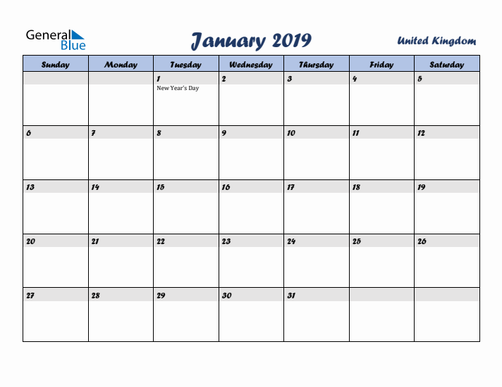 January 2019 Calendar with Holidays in United Kingdom