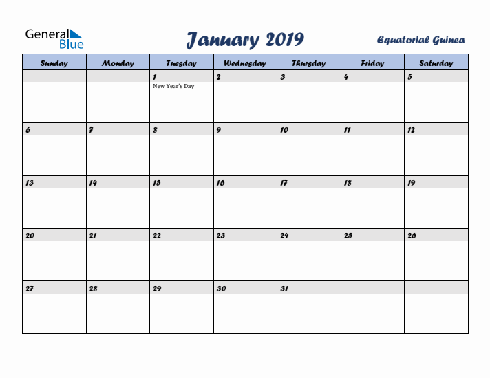 January 2019 Calendar with Holidays in Equatorial Guinea