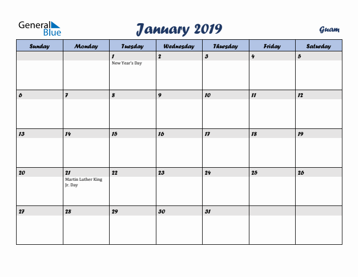 January 2019 Calendar with Holidays in Guam