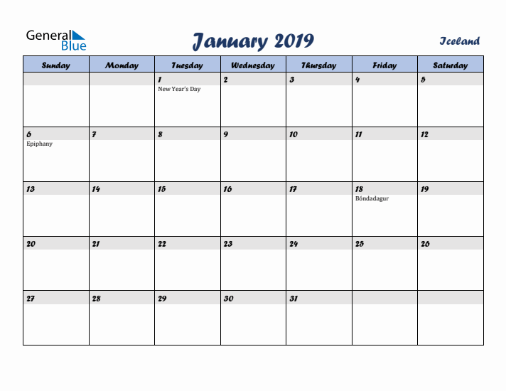 January 2019 Calendar with Holidays in Iceland