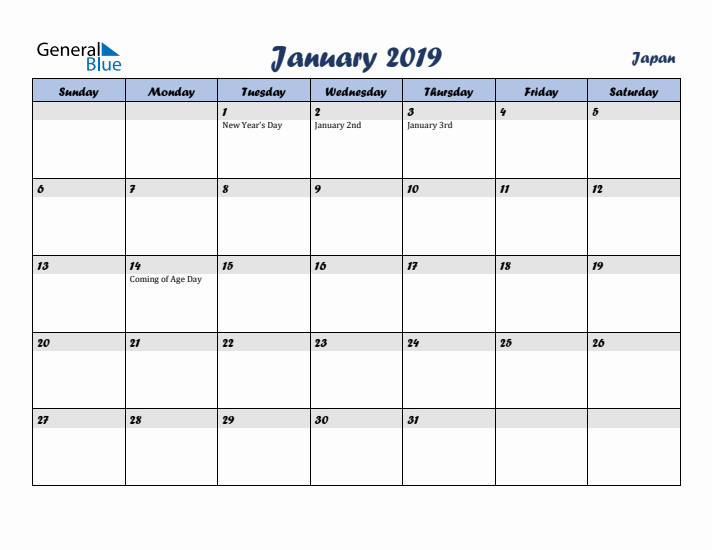 January 2019 Calendar with Holidays in Japan