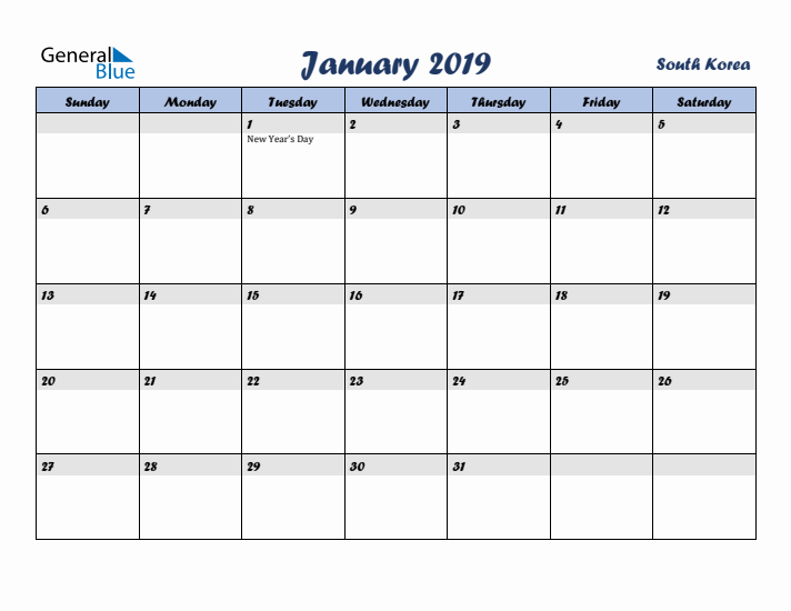 January 2019 Calendar with Holidays in South Korea