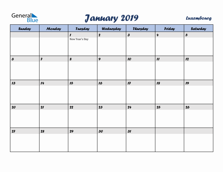 January 2019 Calendar with Holidays in Luxembourg