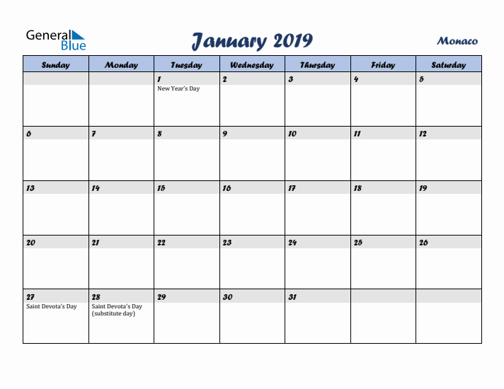 January 2019 Calendar with Holidays in Monaco