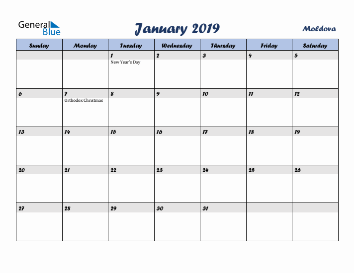 January 2019 Calendar with Holidays in Moldova