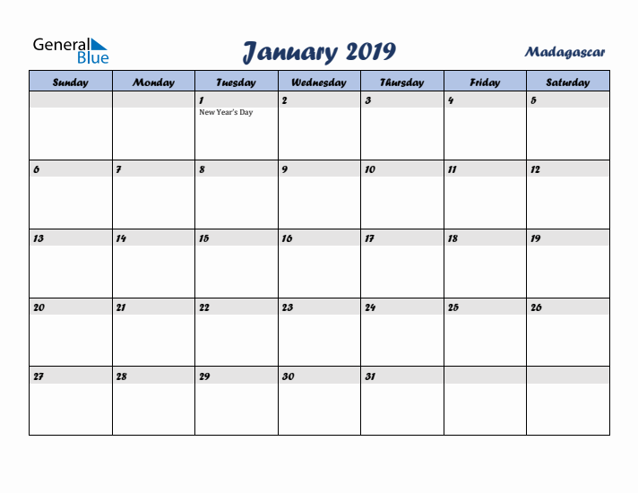 January 2019 Calendar with Holidays in Madagascar