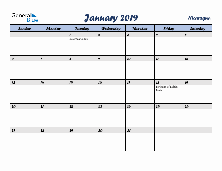 January 2019 Calendar with Holidays in Nicaragua