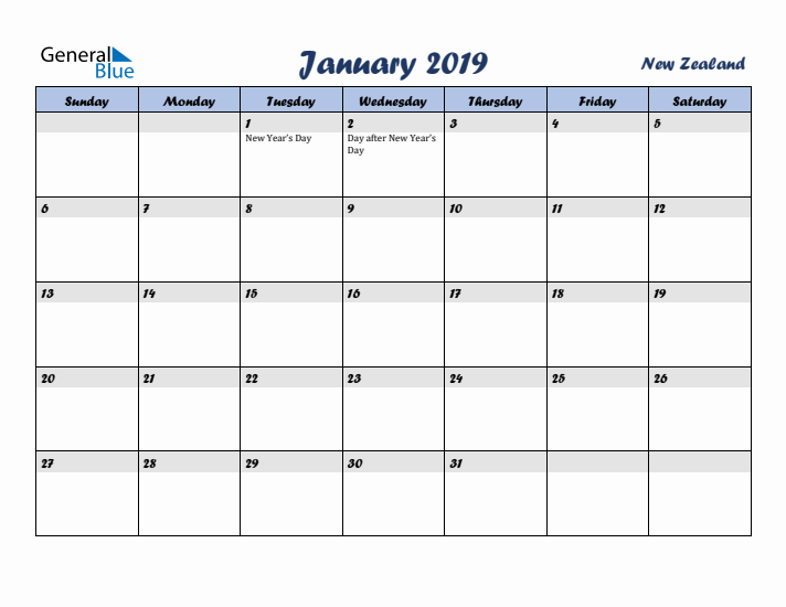 January 2019 Calendar with Holidays in New Zealand