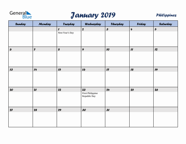 January 2019 Calendar with Holidays in Philippines