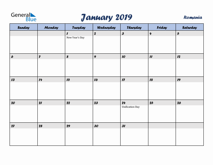 January 2019 Calendar with Holidays in Romania
