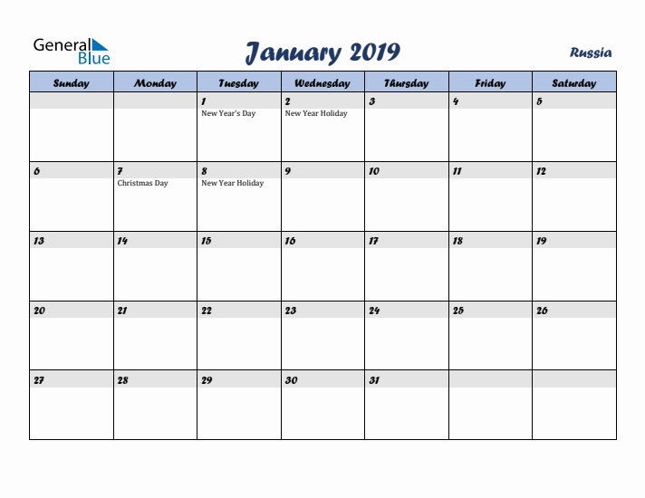 January 2019 Calendar with Holidays in Russia