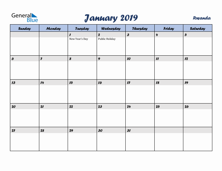 January 2019 Calendar with Holidays in Rwanda