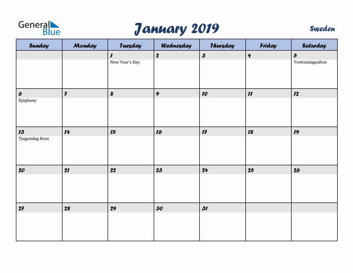 January 2019 Calendar with Holidays in Sweden