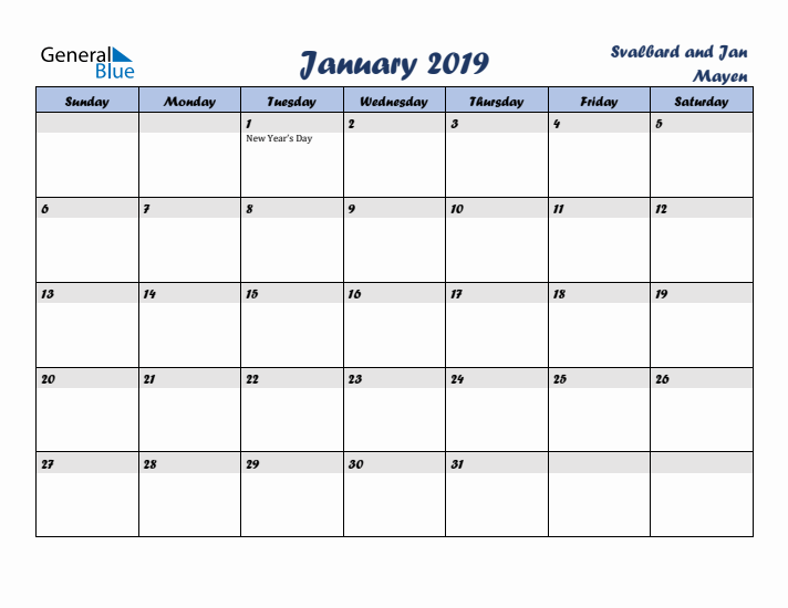 January 2019 Calendar with Holidays in Svalbard and Jan Mayen