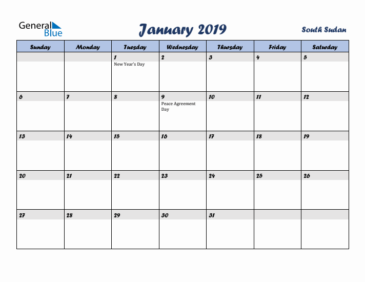 January 2019 Calendar with Holidays in South Sudan