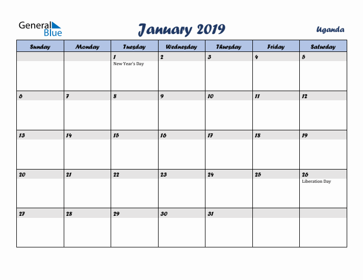 January 2019 Calendar with Holidays in Uganda
