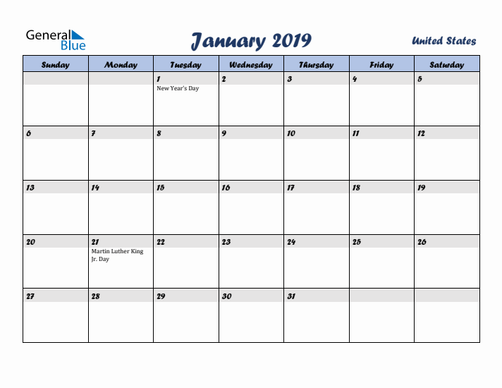 January 2019 Calendar with Holidays in United States