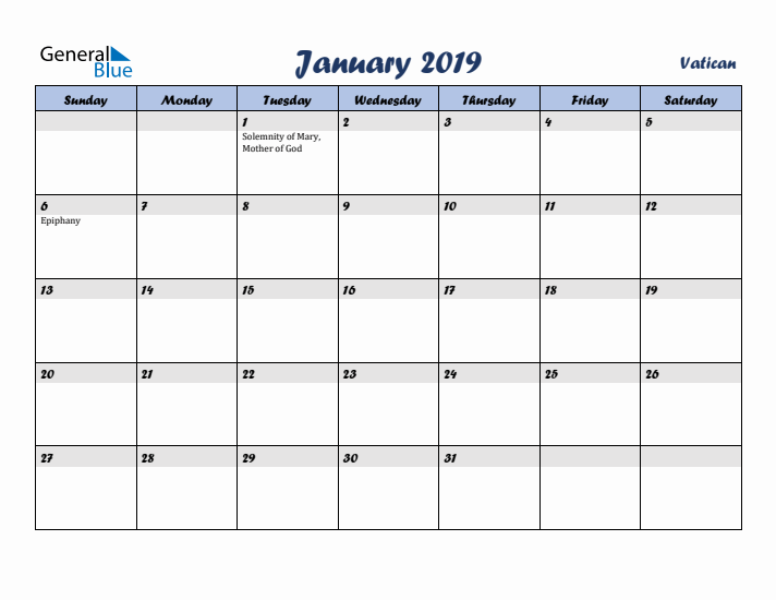 January 2019 Calendar with Holidays in Vatican